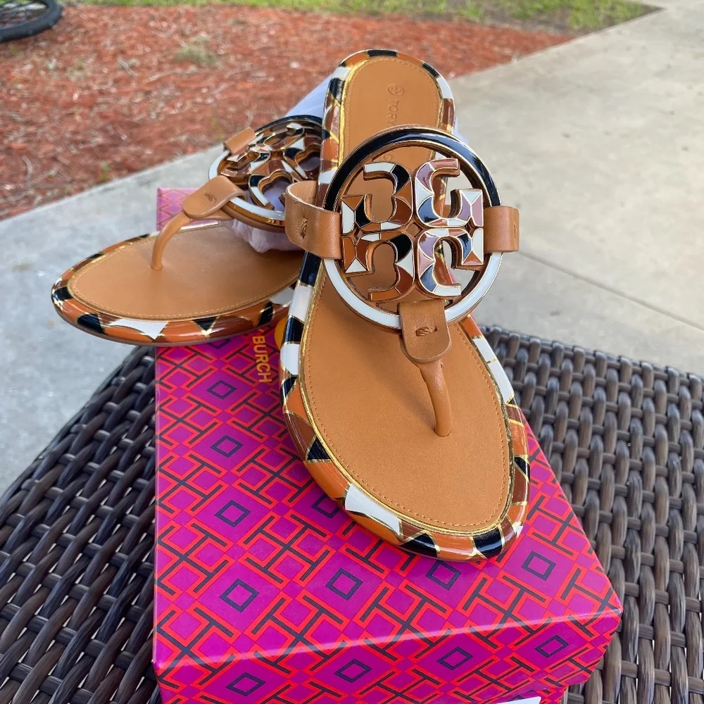 Tory Burch Tan Logo Sandals with tortoise shell colored Brown/black/white trim